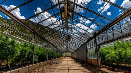 Overgrown greenhouse with rusted metal frame under a partly cloudy sky.