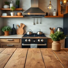Wood desk top on kitchen background.