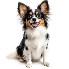 Smiling happy Papillon dog sitting on a blank background, facing forward, for pet adoption flyers