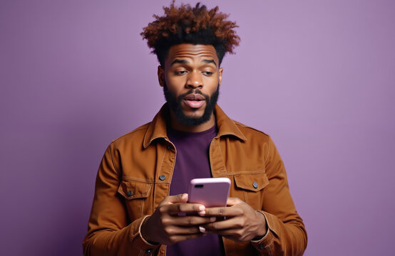 Young African American man holds cellphone with surprised expression. Person wears brown jacket over purple t-shirt on purple background. Modern communication, online news, social media, online