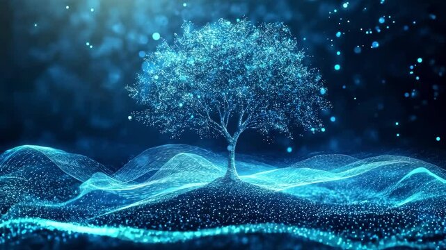 Blue Digital Particle Tree Growing in Waves
