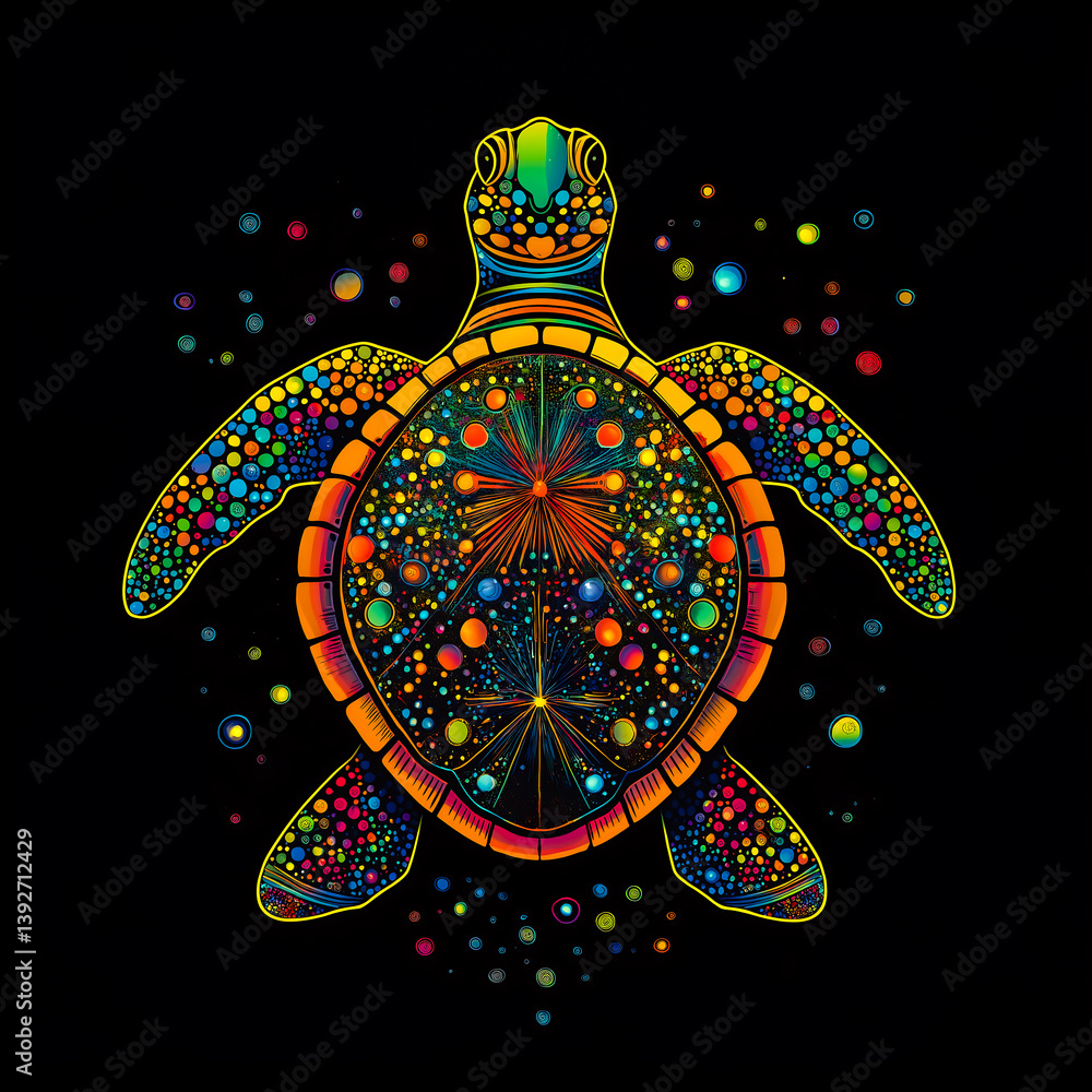 Poster colorful turtle design featuring patterns and cosmic elements on a black background