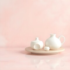 Fototapeta premium A soft pink marble color fills the background. White porcelain and a small vase are placed on top. It creates a romantic and warm atmosphere and is perfect for a feminine space.