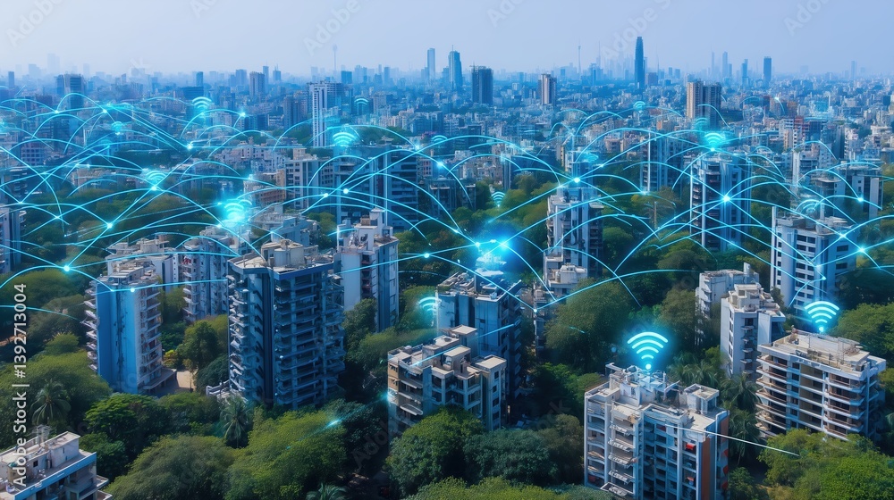 Poster abstract futuristic smart city concept with glowing digital network connections over blue metropolis