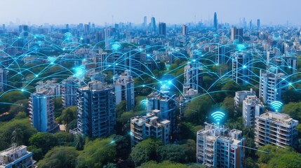 Abstract futuristic smart city concept with glowing digital network connections over blue metropolis skyline, top view of interconnected urban infrastructure with data transfer visualization. Technolo