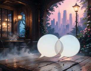 Social Media Conversation Over Dinner with City Skyline Backdrop