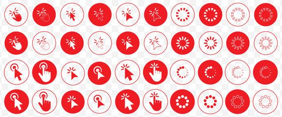 Computer mouse click cursor Red arrow icons set and loading icons. Cursor icon. Vector illustration. Mouse click cursor collection. Click icon vector set. Cursor pointer clicking symbol collection.