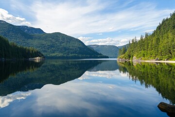 Fototapeta premium Mountain lake reflecting clouds. Trees border the water edge, peaceful