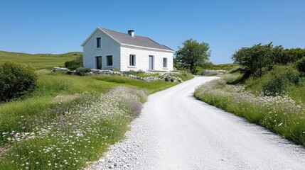 Fototapeta premium White house on a country road. Fields of wildflowers border the gravel drive