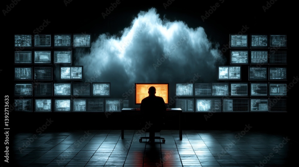 Poster silhouette of a person seated before a computer screen, surrounded by numerous monitors displaying d