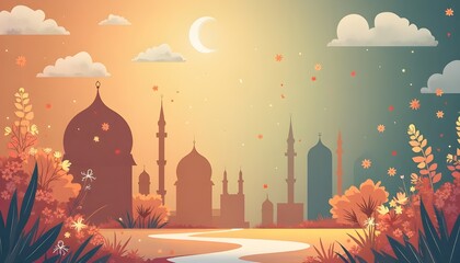 Serene Mosque Sunset: Pink Blossoms & Tranquility