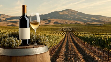 Fototapeta premium White Wine Bottle and Glass on Barrel in Sunlit Vineyard