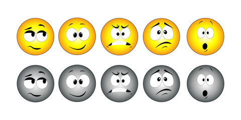 Set of emoji faces in yellow and gray colors showing different emotions including skeptical, happy, angry, sad, and surprised