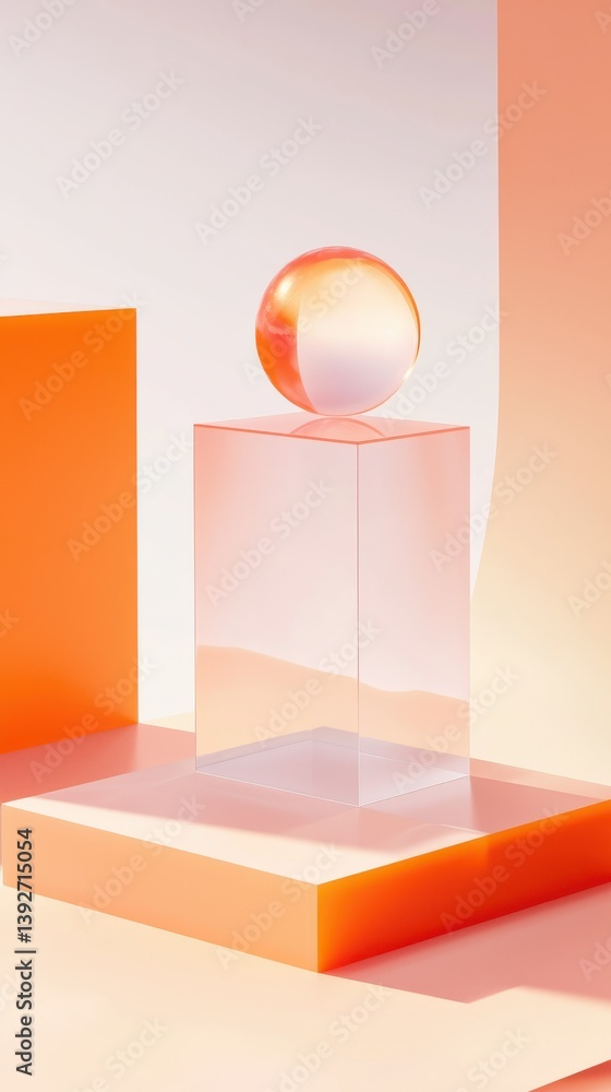 Poster a translucent sphere rests atop a clear glass cube on minimalist peach and orange geometric platform