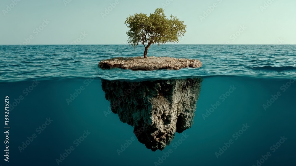 Poster a single tree stands on a small island in the middle of a vast ocean, half of which is submerged und