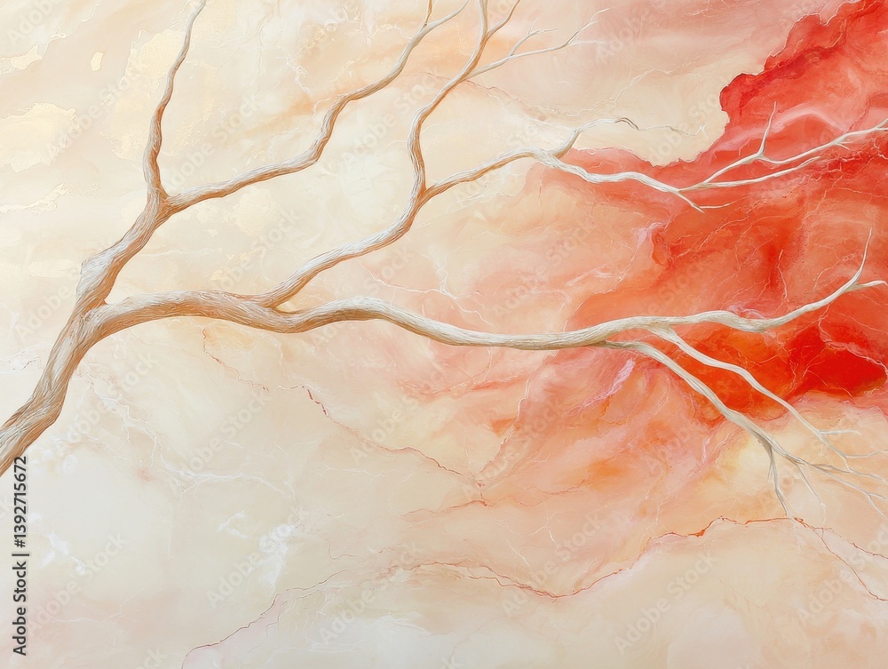 Poster An abstract painting features a stylized white tree branch extending over a vibrant coral and peach colored background creating a serene and calming atmosphere perfect for modern