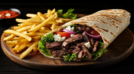 Close up of a Gyro wrap with Fries, Beef, Lettuce, Tomato and Sauce on a Wooden Board