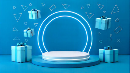 A 3D rendered image showcasing a white gift box with a blue ribbon, two-tiered blue podium against a vibrant, light-blue backdrop.