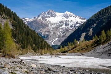 Fototapeta premium Mountain valley with snow-capped peak, trees and rocky riverbed