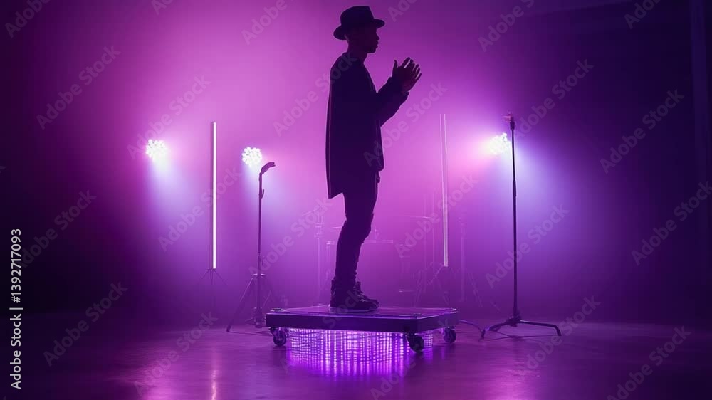Aufkleber black man performs beat box routine on stage with purple lights generative ai