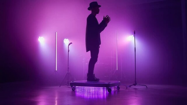 Black Man Performs Beat Box Routine on Stage With Purple Lights Generative AI
