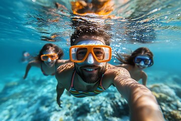 Naklejka premium Underwater Family Fun: Snorkeling Adventure in Crystal Clear Waters