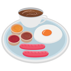 Breakfast vector illustration on white background. There was sausage, eggs, coffee, ketchup, mustard and barbecue sauce.