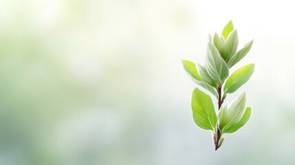 Obraz premium Delicate spring branch with fresh leaves against a soft, out-of-focus background