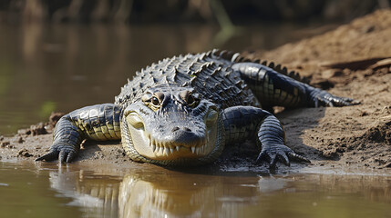 Obraz premium Large reptile resting by a body of water. Close-up of an alligator with its head and upper body in focus, creating a portrait of the reptile's natural power and stillness in its environment.