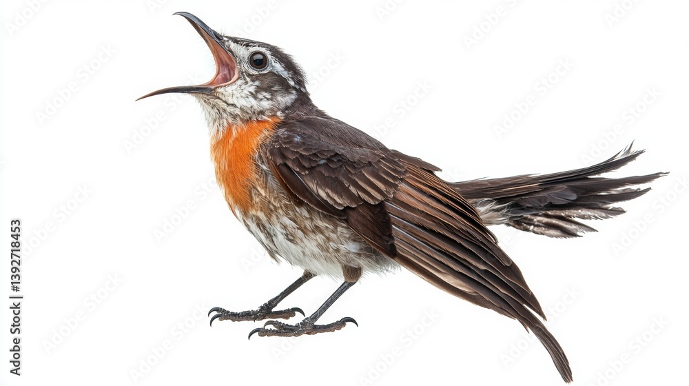 Poster Cuckoo bird calling with open beak and expressive feathers against a white background