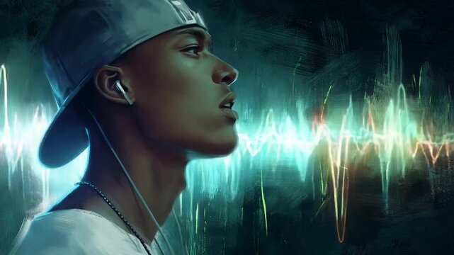 Black Male Rapper Performing With Animated Sound Waves in Background Generative AI