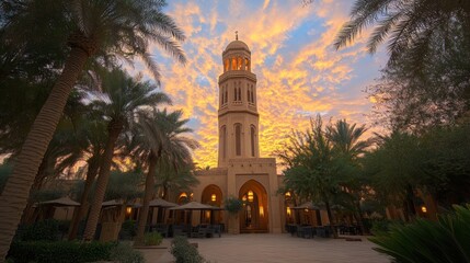 Obraz premium Majestic minaret at dusk: An architectural marvel meets tranquil palm oasis