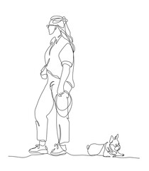 Woman in glasses standing and dog laying. Looking at opposite directions. Back view. Continuous line drawing. Black and white vector illustration in line art style.