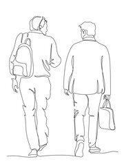 2 men businessmen talking and walking away. Wear suits, holding notebook bag. Back view. Continuous line drawing. Black and white vector illustration in line art style.