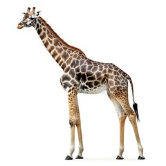 Obraz premium Tall giraffe stands tall, isolated on a blank backdrop. For educational use, or design and presentations