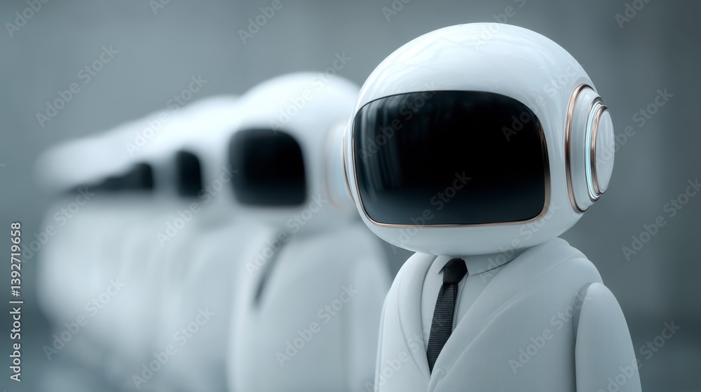 Aufkleber white robots in suits stand in a line against a gray background.