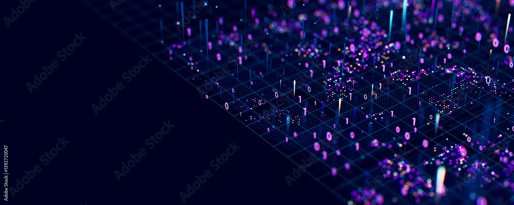 Poster Macro of quantum computing technology. Digital patterns of big data. Microworld of LLM AI learning process. Nano technology presentation. 