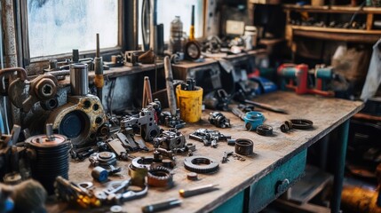 Mechanical workspace cluttered with tools and equipment, capturing the essence of repair and creation