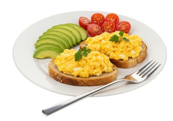 Scrambled eggs on toast with avocado and tomatoes on a white plate
