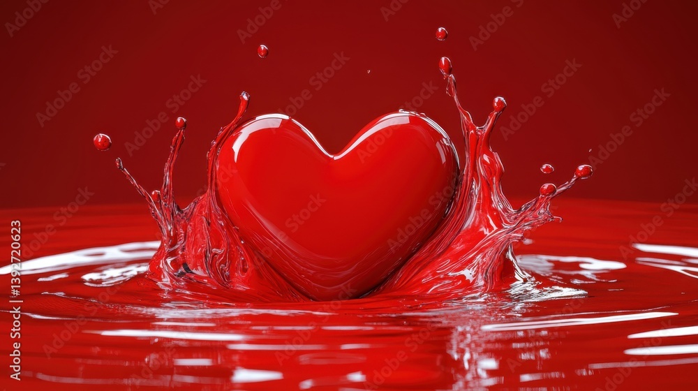 Poster heart shaped splash diving into a red liquid creating a stunning and symbolic visual in digital art