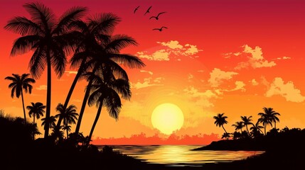 Pop art drawing,tropical sunset scene with silhouettes of palm trees against a vibrant orange and red sky. The sun is setting over the water, creating a peaceful and picturesque atmosphere.