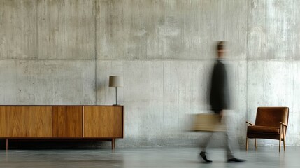 Blurred Man Passing Mid-Century Furniture in Minimal Interior