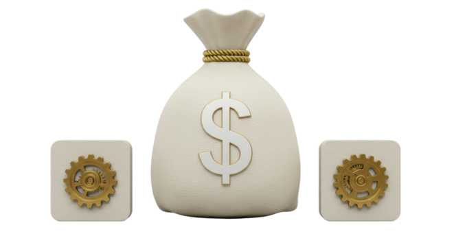 Isolated Money Bag with Dollar Sign and Gear Mechanism - Powered by Adobe