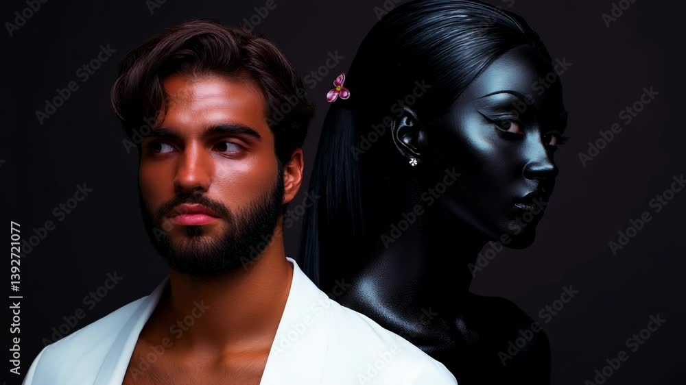 Poster man poses alongside a dark female figure in a minimalist setting emphasizing contrast in light and s
