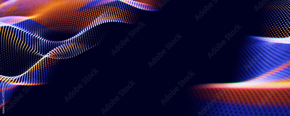 Poster Abstract wave of particles. Big data digital flow concept. LLM learning process, AI technology. Quantum computing. with central place for text