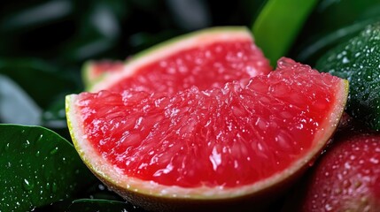 Freshly cut grapefruit segments, vibrant red flesh, glistening with water droplets, resting on dark green leaves