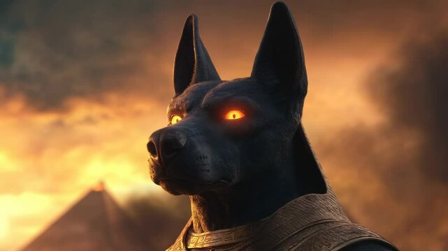 Majestic black dog with glowing eyes at sunset in a mythical landscape