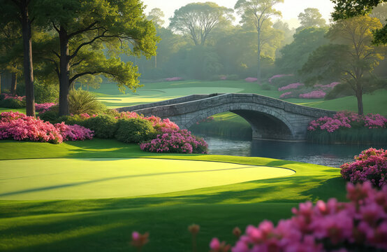 Picturesque golf course landscape with stone bridge over water. Green grass, pink flowers, large trees. Sunny day at golf field. Golf recreation leisure pursuit in Augusta Georgia.