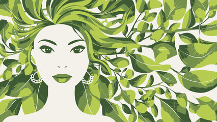 Illustrated Woman with Green Hair Representing Nature and Organic Beauty