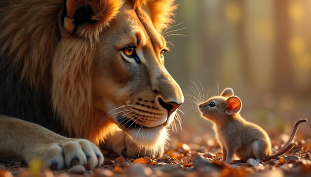 Lion mouse gaze closely. Curious animal wildlife relationship portrait. Big cat small rodent eye contact in beautiful nature. Friendship, love, peace, harmony, courage, trust between species.